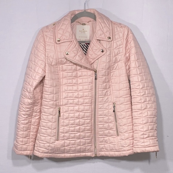 Kate Spade quilted mid weight jacket in light pastel pink gold toned hardware S